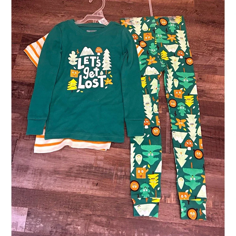 Old Navy Kids 3pc Cotton Knit Pajama Set 5T Green Outdoors Graphic Print
